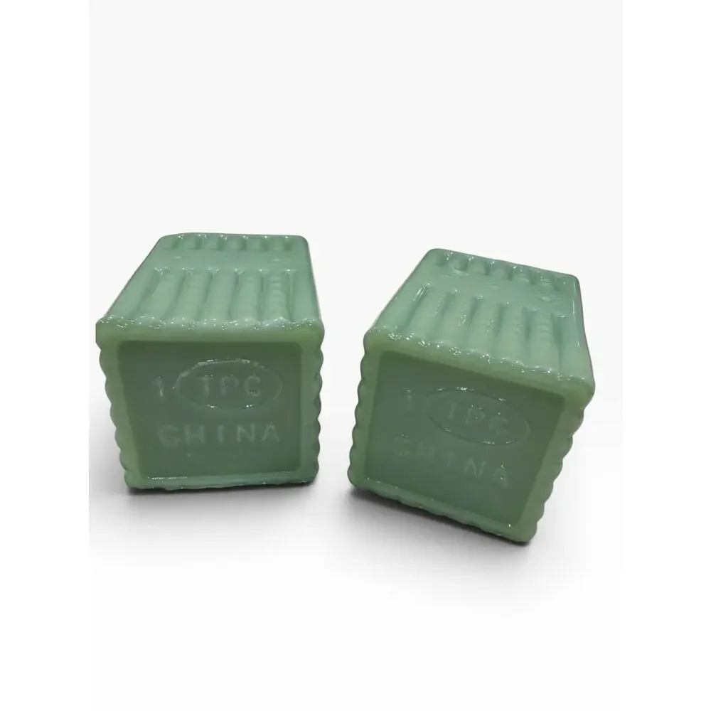 TPC Jadeite Green Milk Glass Salt & Pepper Shakers Ribbed Square Import Vintage